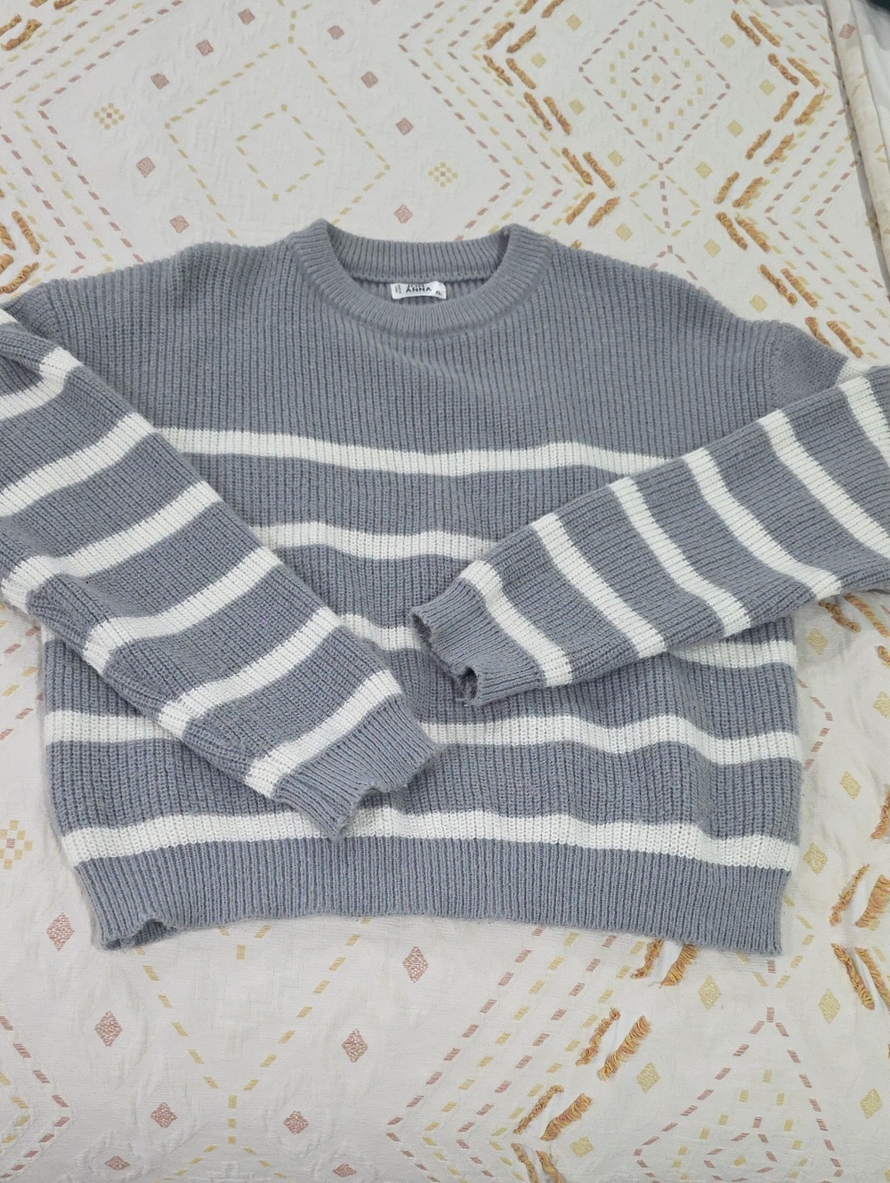 Grey & White Striped Crewneck Sweater